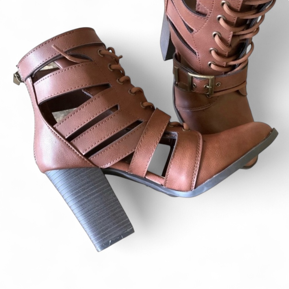 Cut-Out Lace Up High Heeled Ankle Booties Brown Chestnut Women’s Sizes NIB - Picture 4 of 13